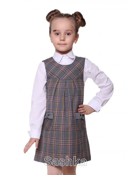 Сарафан для дівчинки Sashka шкільний сіро-рожева клітинка (напіввовна), розмір 116-146